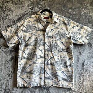 Wolverine Fish Print Shirt Mens L Hawaiian Fishing Button Up Cotton Coastal Camp